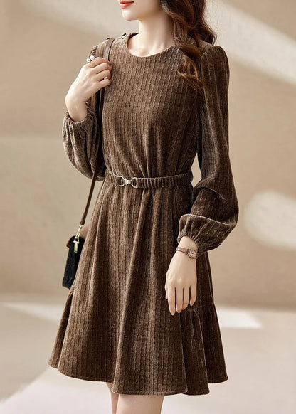 Coffee O Neck Sashes Patchwork Silk Velour Mid Dress Spring