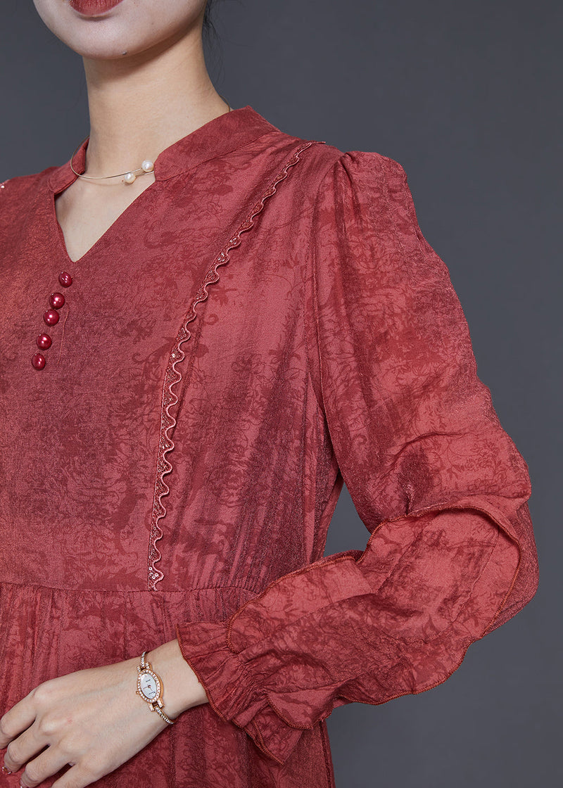 Red Ruffled Jacquard Cotton Robe Dresses Spring