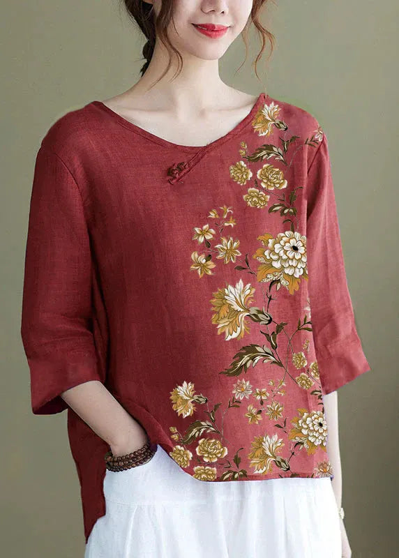 Diy Pink Crane Embroidered Side Open Half Sleeve Top