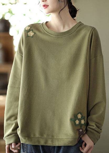 Green Embroideried Cotton Loose Sweatshirt Spring