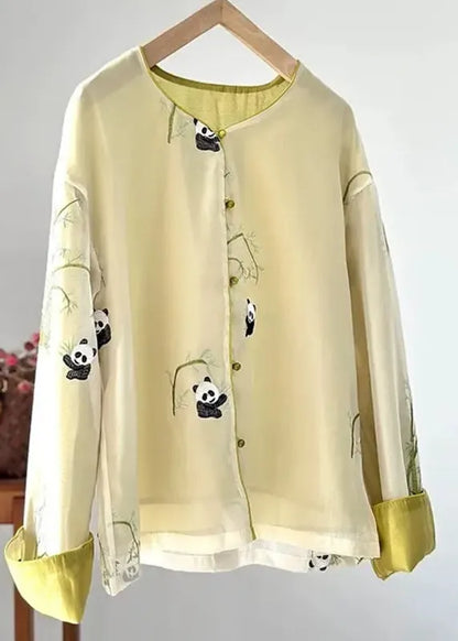 Yellow O-neck Animal Print Silk Coats Fall