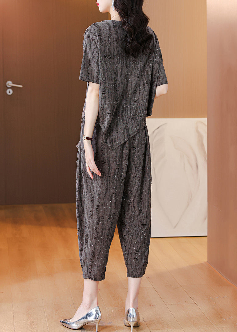 Loose Grey O Neck Zircon Pockets Cotton Two Pieces Set Summer
