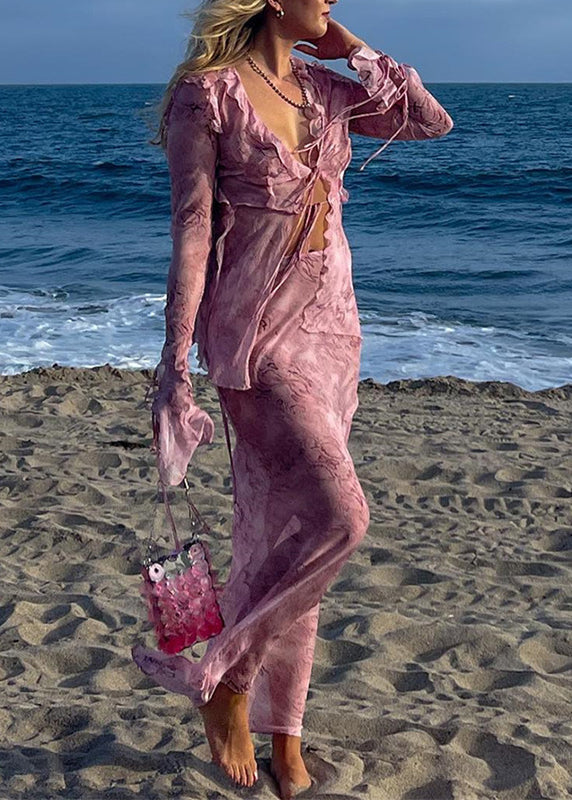 Pink Ruffled Lace Up Chiffon Two Pieces Set Flare Sleeve