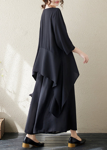 Black O Neck Asymmetrical Chiffon Two Piece Set Summer