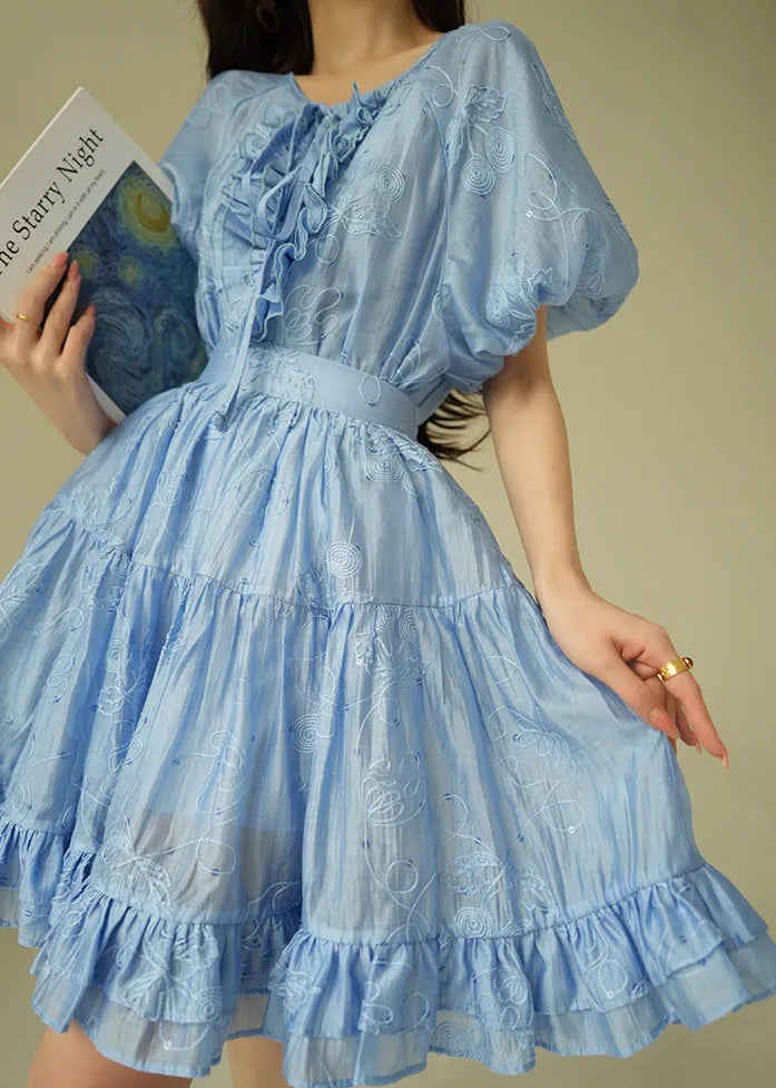 Blue Ruffled Shirts and Skirts Silk Cotton Summer Two Pieces Set Embroidered