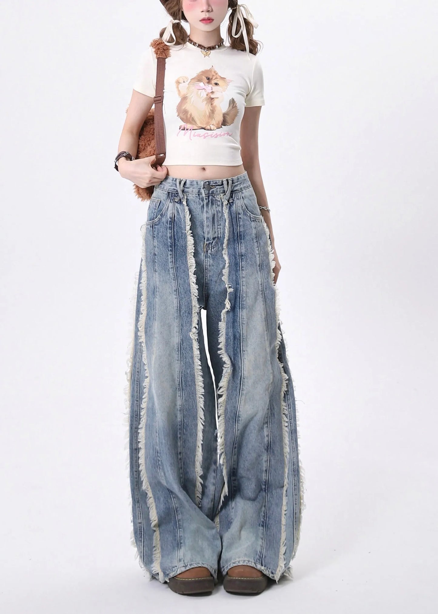 Blue Tasseled Patchwork Denim Straight Pants Spring