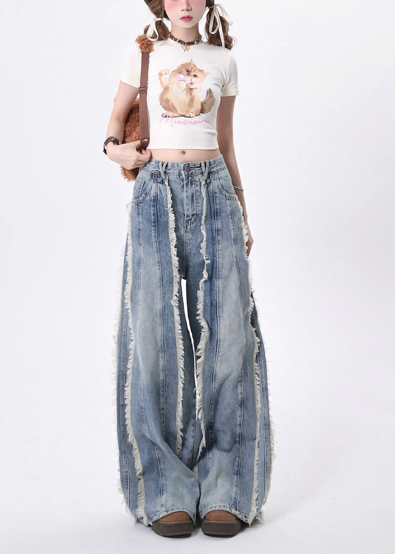 Blue Tasseled Patchwork Denim Straight Pants Spring