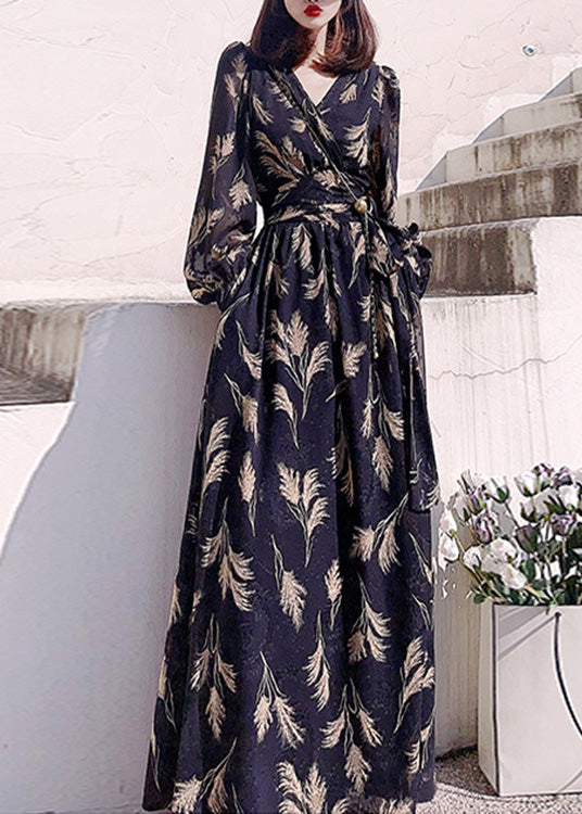 Black V Neck Print Slim Long Dress Long Sleeve