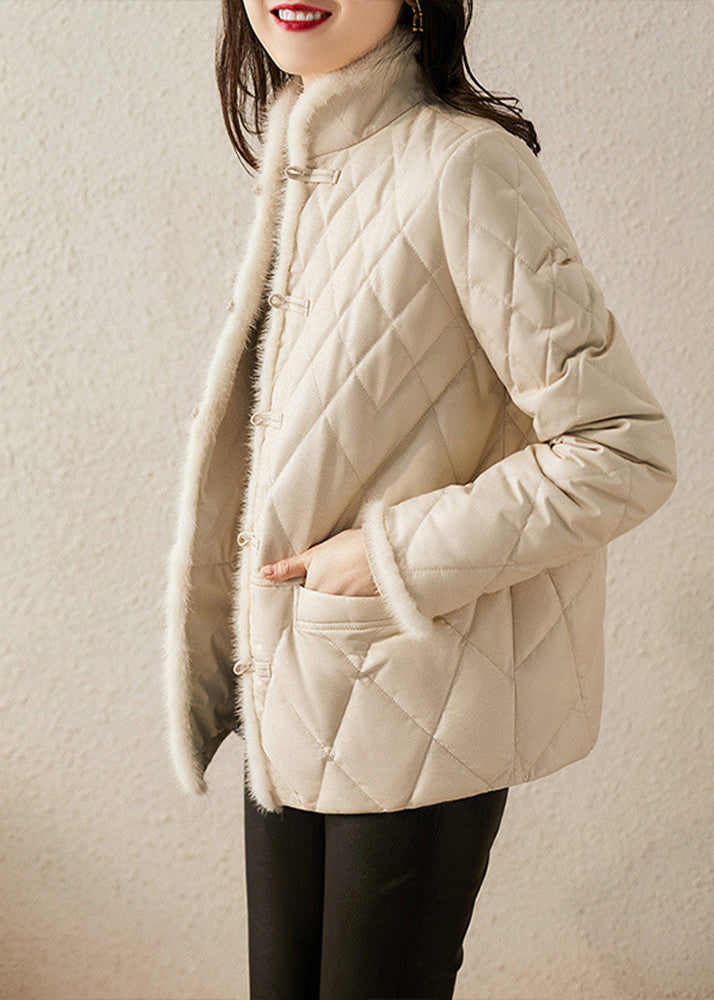 White Stand Collar Button Pockets Sheepskin Down Coat Long Sleeve