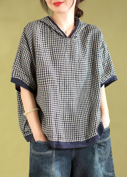Navy Hooded Plaid Linen Shirt Tops Summer