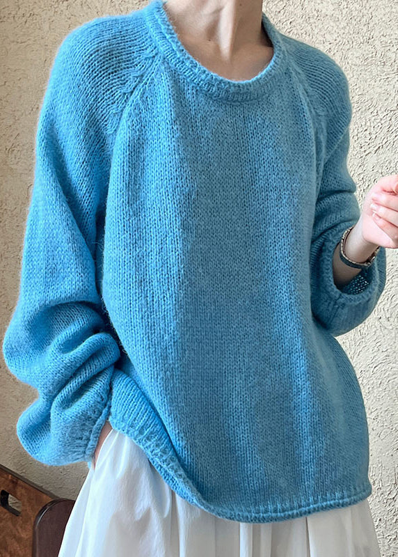 Loose Blue O Neck Knit Sweaters Long Sleeve
