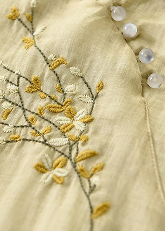 Classy Yellow Embroideried Button Linen Dresses Bracelet Sleeve