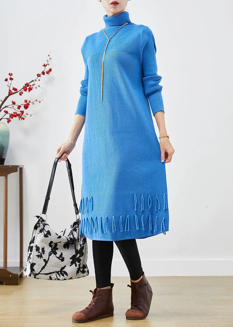 Blue Turtle Neck Tasseled Knitted Dress Fall