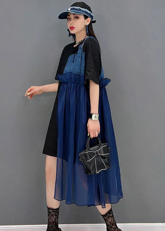 Blue Asymmetrical Denim Tulle Patchwork Dresses Short Sleeve