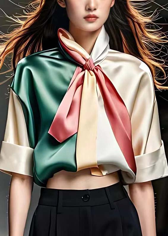 French Green Scarf Collar Patchwork Silk Blouse Half Sleeve