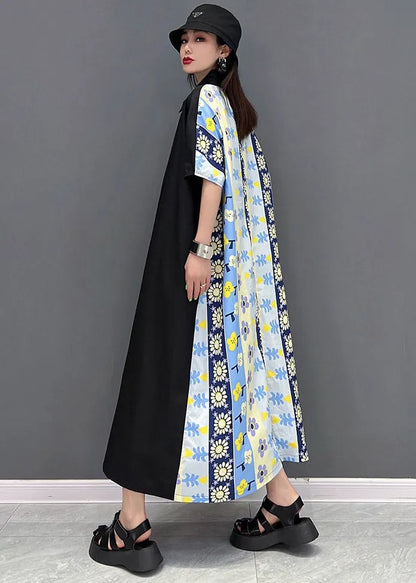 Blue Peter Pan Collar Print Dresses Short Sleeve