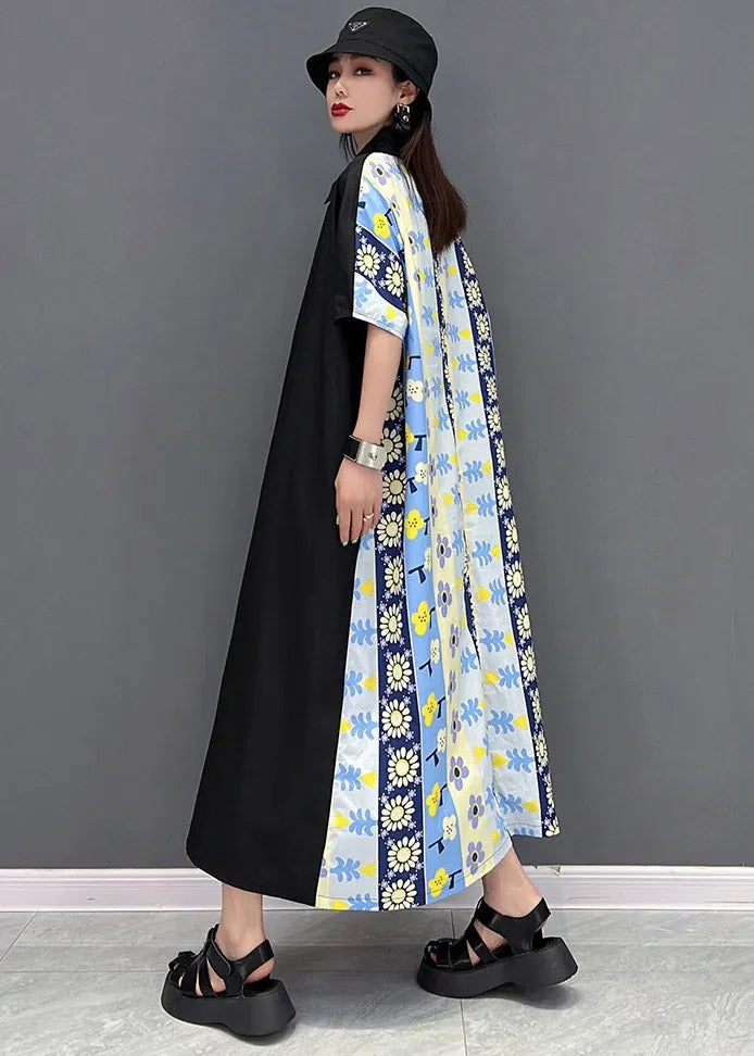 Blue Peter Pan Collar Print Dresses Short Sleeve