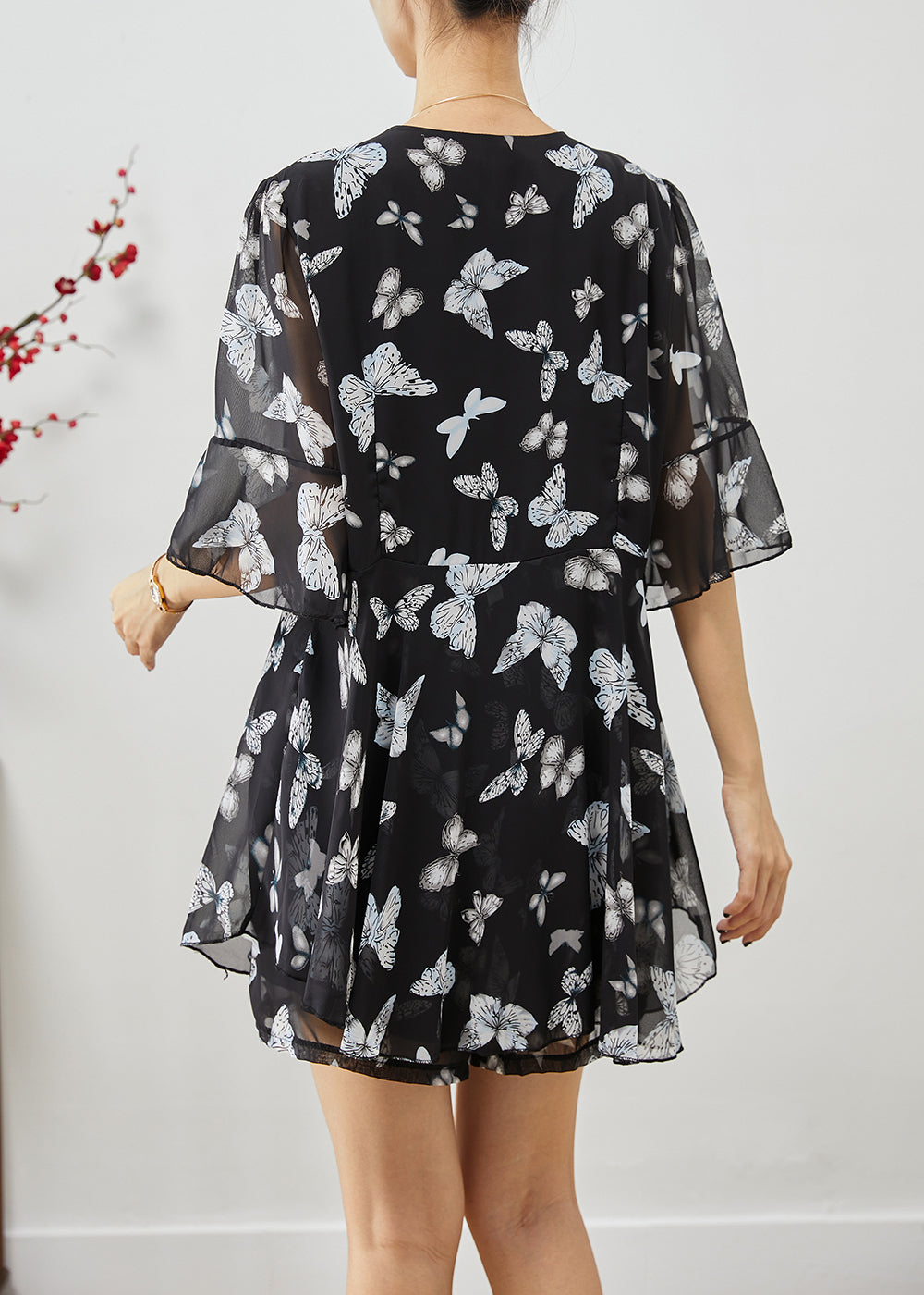 Black Butterfly Drawstring Chiffon Two Pieces Set Summer