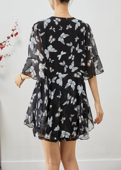 Black Butterfly Drawstring Chiffon Two Pieces Set Summer