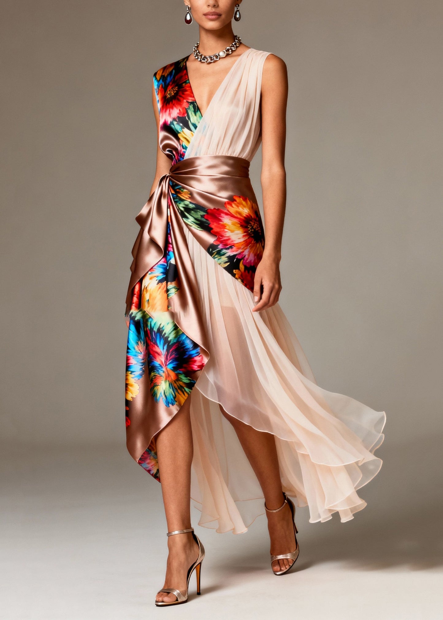Asymmetrical Patchwork Tulle Silk Party Dresses Sleeveless