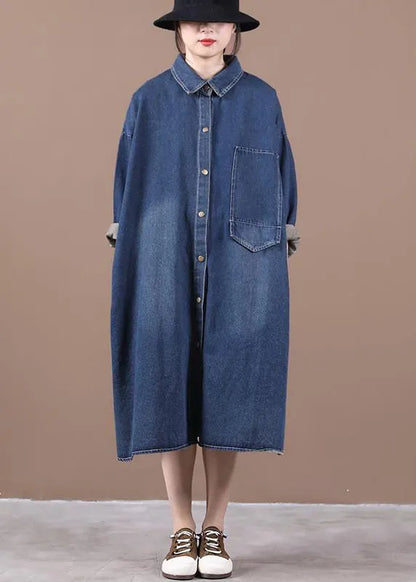 100% Lapel Patchwork Spring Outfit Ideas Denim Blue Long Dress