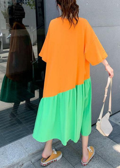 Orange Patchwork Green Loose Graphic Summer Half Sleeve Long Dress