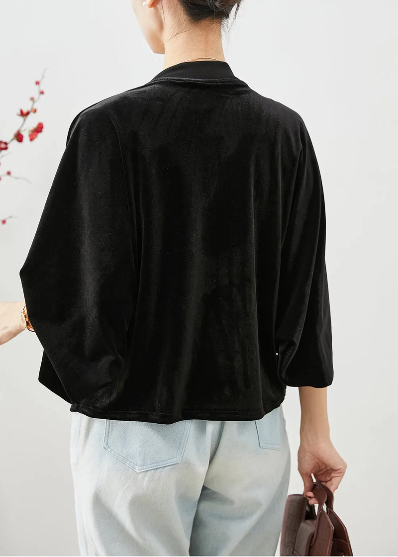 Black Tasseled Chinese Button Silk Velour Coats Fall