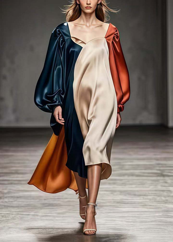 Square Collar Asymmetrical Patchwork Silk Dresses Lantern Sleeve