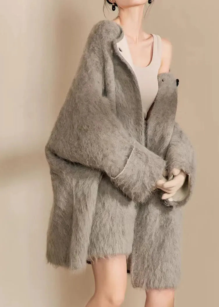 Grey O-neck Woolen Coats and Shorts Two Pieces Set Fall