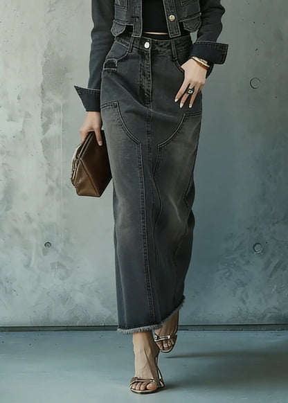 Fine Peter Pan Collar Coat and Skirts Denim Two Piece Set Spring