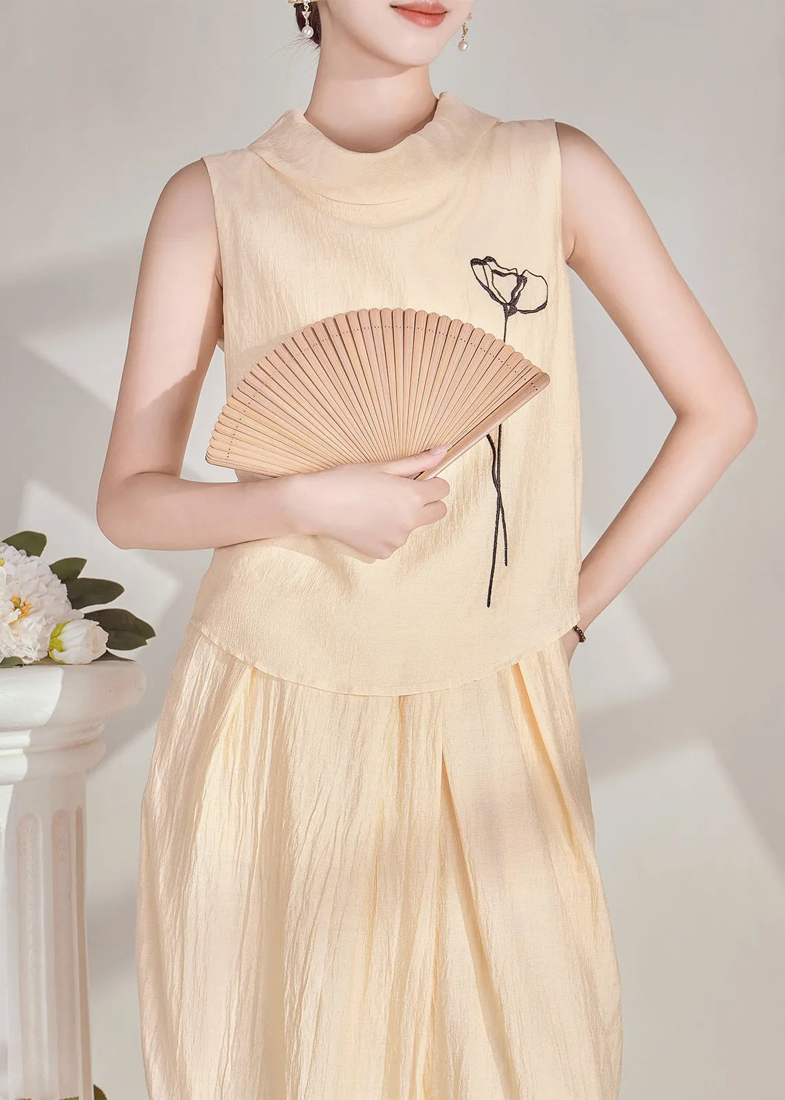 Chinese Style Light Yellow Turtleneck Top and Maxi Skirts Two Pieces Set Summer