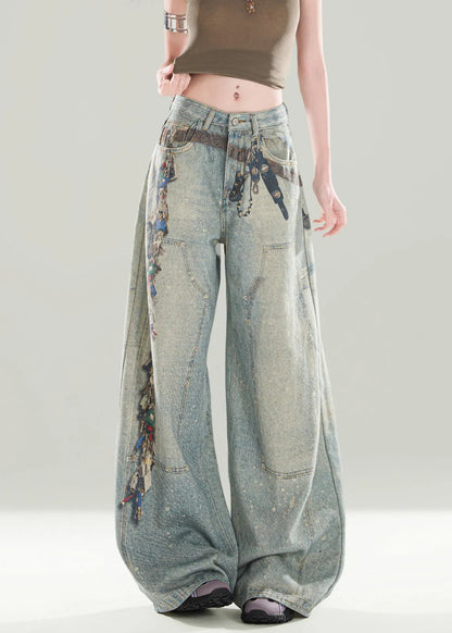 Stylish Blue Pockets Print Denim Wide Leg Pants Fall