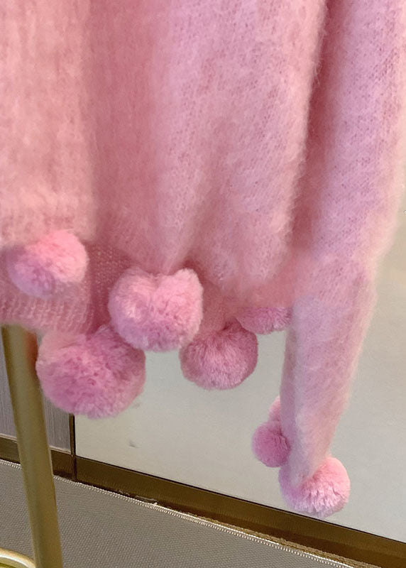 Pink O-neck Fuzzy Ball Decorated Warm Cotton Knit Sweaters Long Sleeve