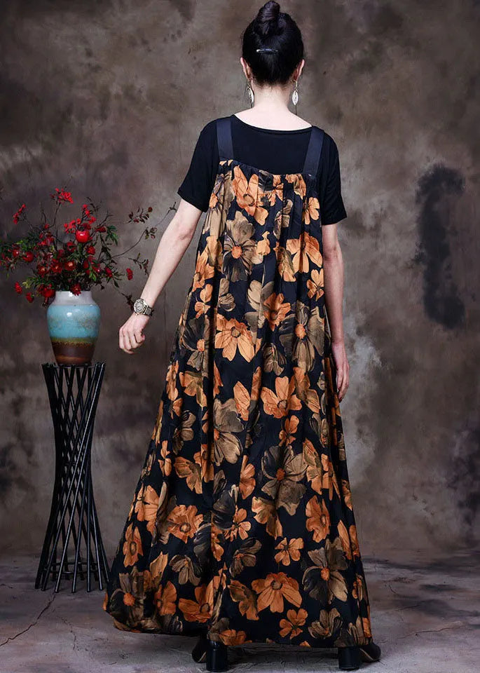 Yellow Wrinkled Print Silk Tanks and Strap Dress Two Piece Set Outfits Summer