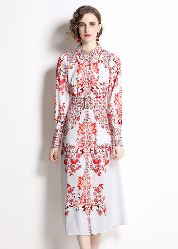 Red Print Peter Pan Collar Chiffon Cinch Dress Fall