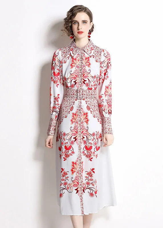 Red Print Peter Pan Collar Chiffon Cinch Dress Fall