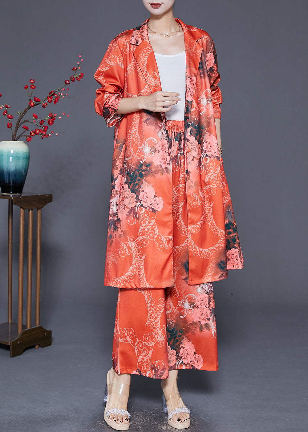 Diy Orange Lapel Print Silk Two Pieces Set Fall