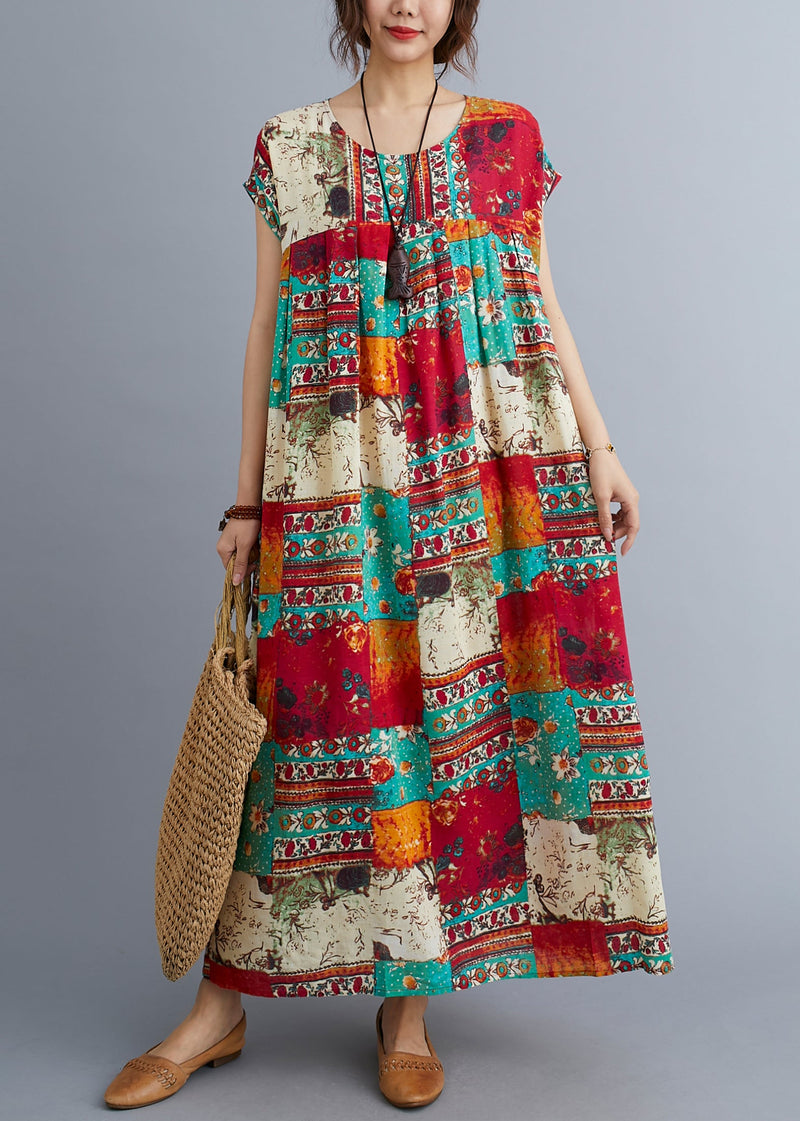 O-neck Patchwork Print Long Dresses Short Sleeve