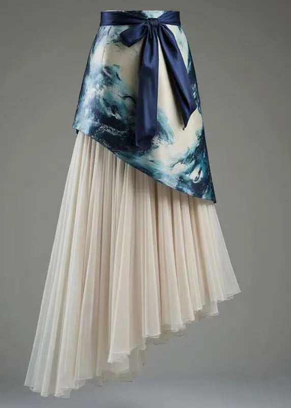 French Blue Asymmetrical Lace Up Tulle Patchwork Skirts Summer