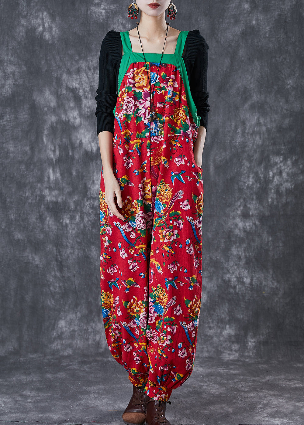 Red Print Cotton Overalls Jumpsuit Wear on Both Sides Fall