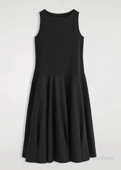 French Black Exra Large Hem Cotton Long Dress Sleeveless