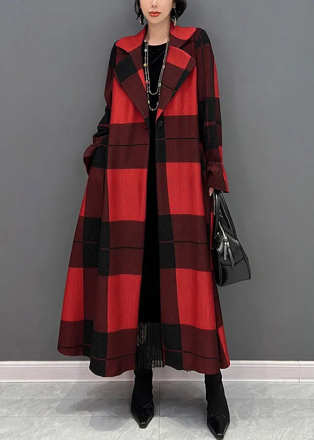 Red Notched Plaid Tie Waist Long Coats Fall