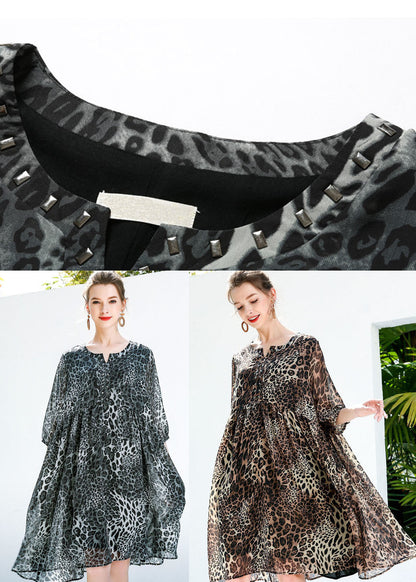 Coffee Leopard Print Chiffon Beach Dresses O-neck Rivet Summer