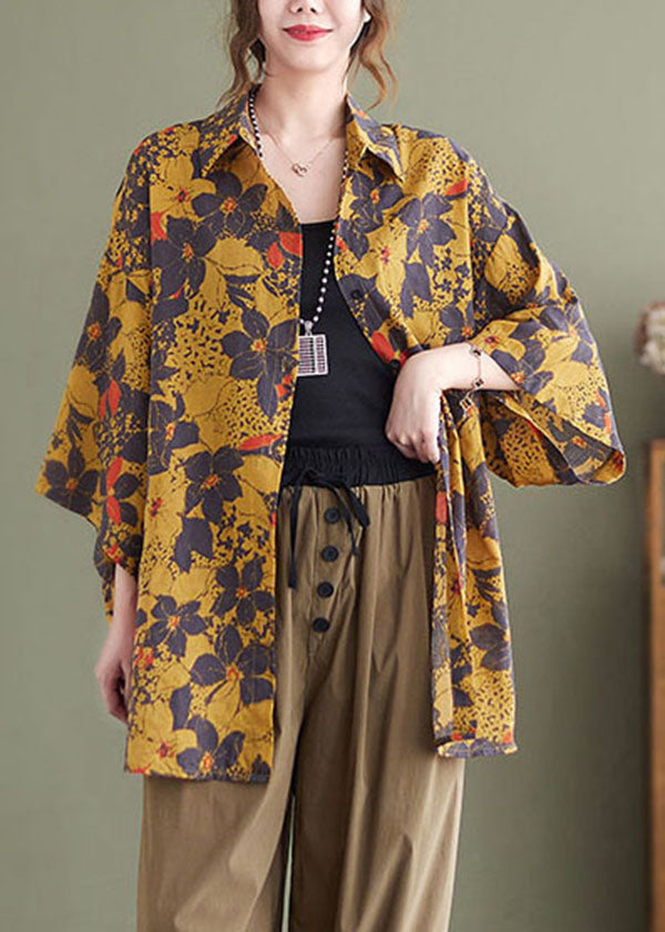 Beige Print Linen Loose Shirts Peter Pan Collar Button Half Sleeve