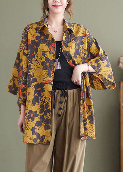 Beige Print Linen Loose Shirts Peter Pan Collar Button Half Sleeve
