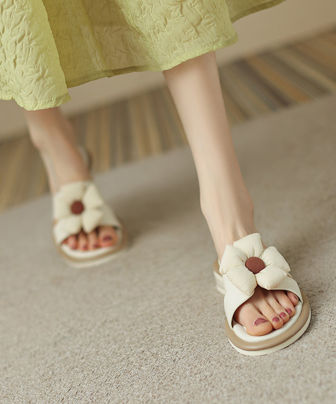 Splicing Brown Cowhide Leather Slide Sandals