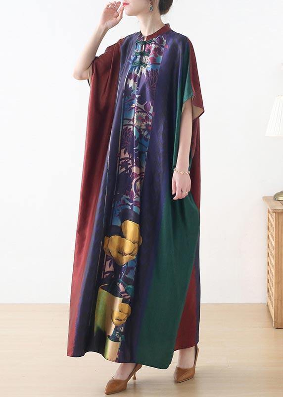 Handmade Red Purple Green Print Chiffon Dress Loose Summer Dress