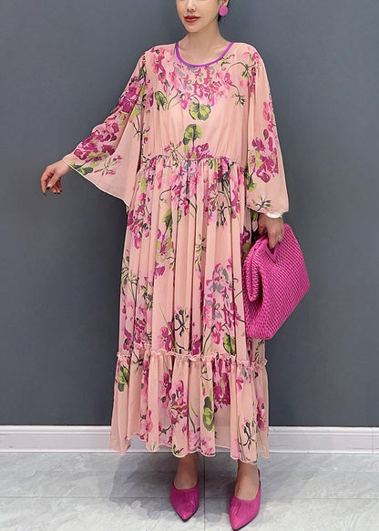 Pink Ruffled Print Tie Waist Chiffon Dress Flare Sleeve