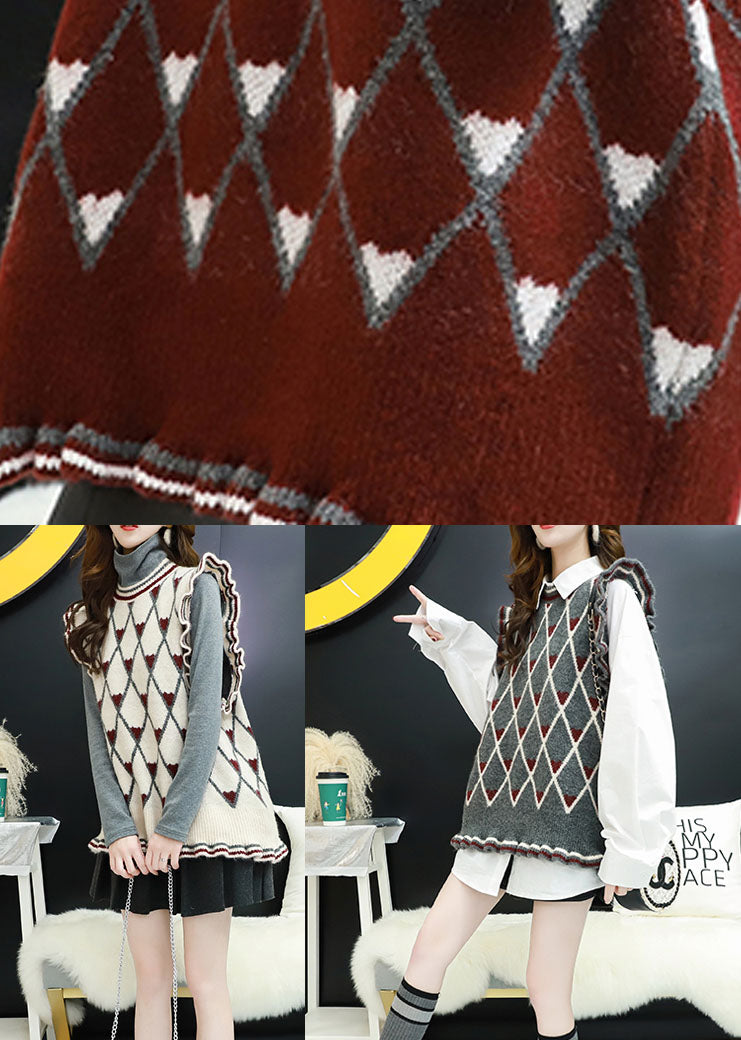French Grey Loose Plaid Fall Knit Vest