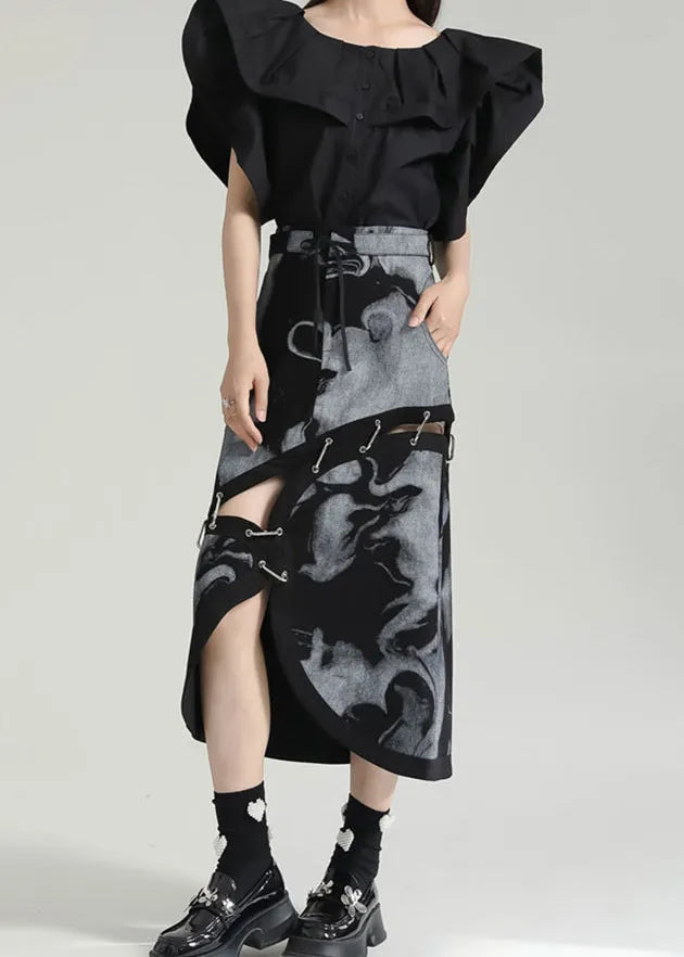 Grey Asymmetrical Print Pockets Patchwork Cotton Skirt Fall